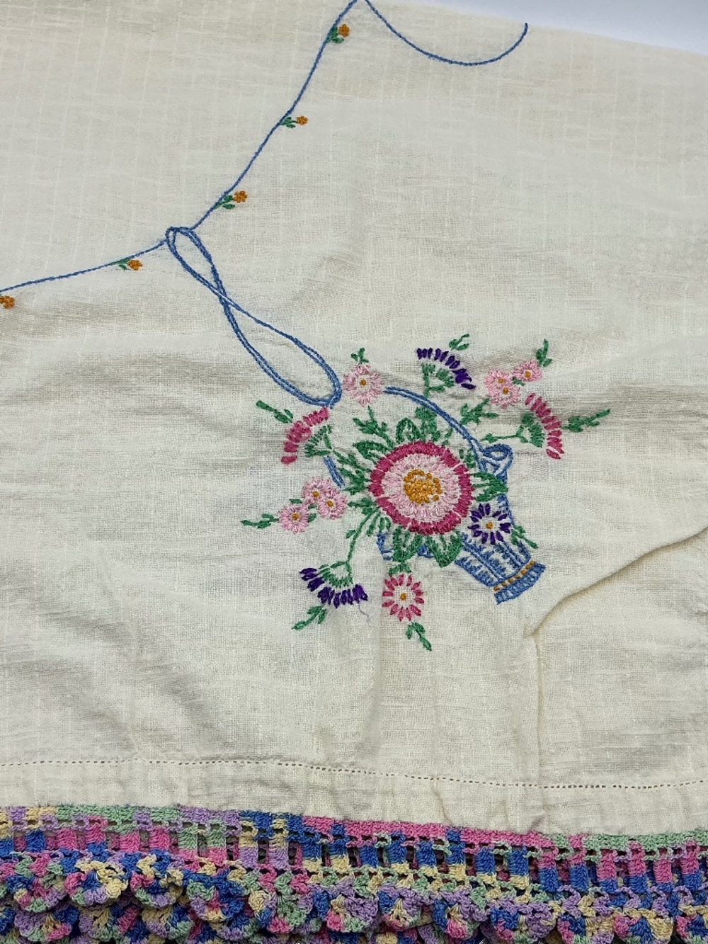 Vintage Hand Embroidered Table Cloth Crochet Edge